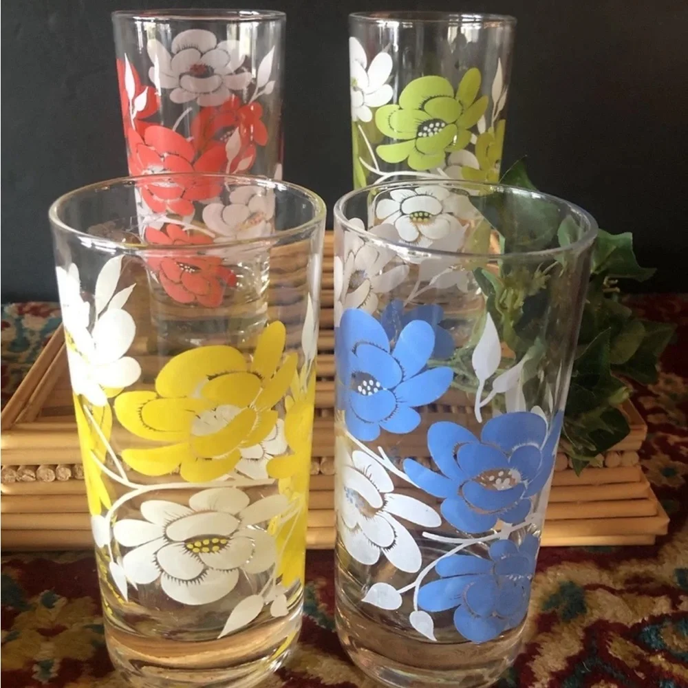 Vintage Federal Glass Wildrose Tumblers Drinking Glasses Multicolor Floral 6